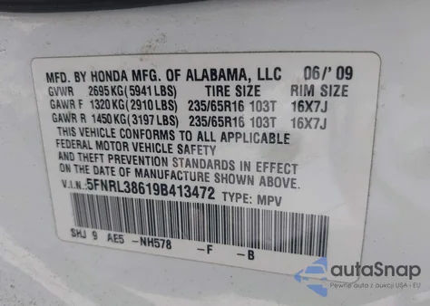 2009 Honda Odyssey Ex-L из США, поврежденный, VIN 5FNRL38619B413472